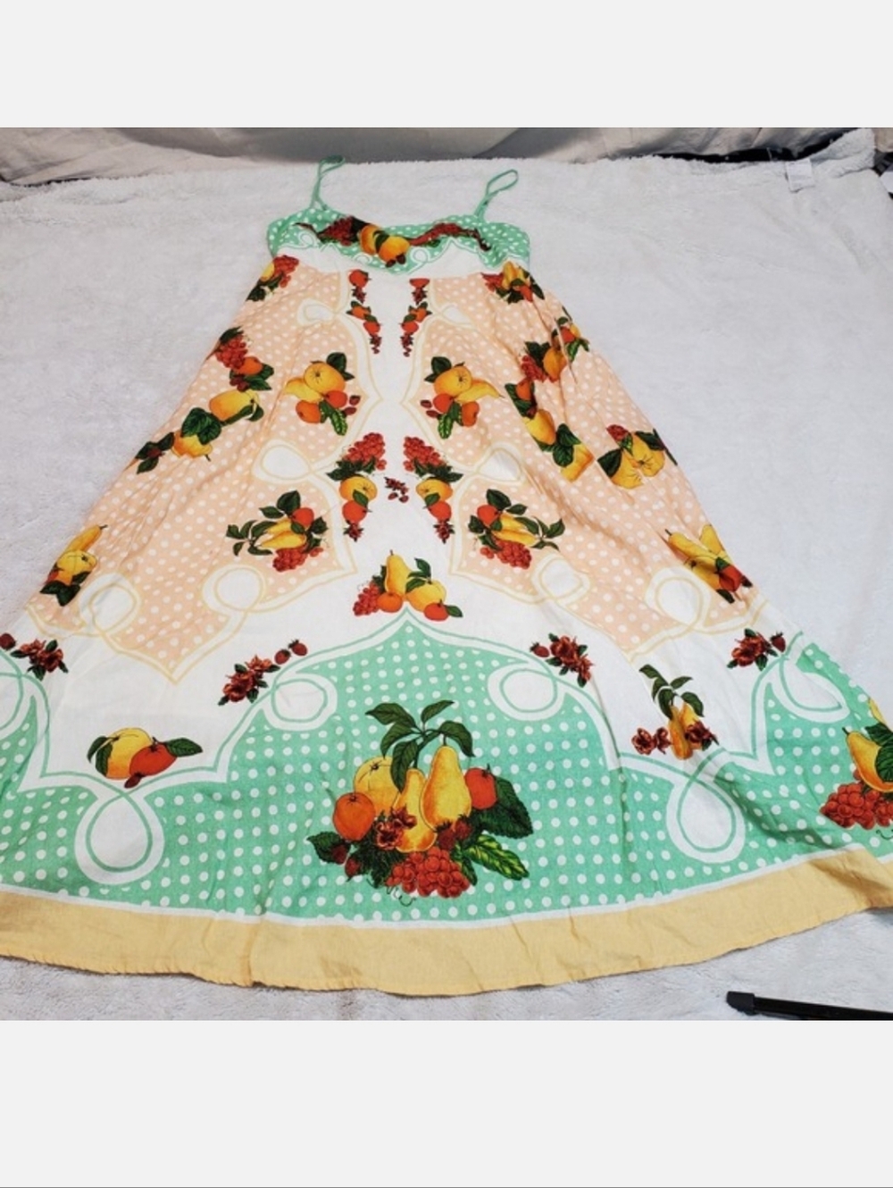 Caroline Costas Green White Fruit Print Milkmaid Linen Cottagecore Maxi Dress L
